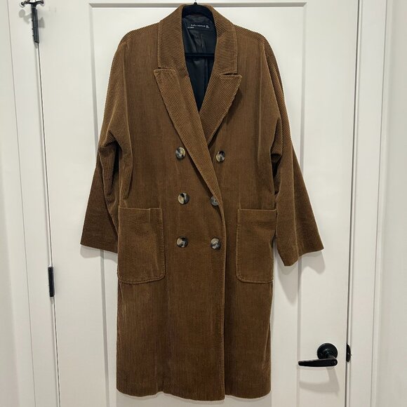 ZARA WOMAN long brown double-breasted corduroy coat (L) - Picture 1 of 9